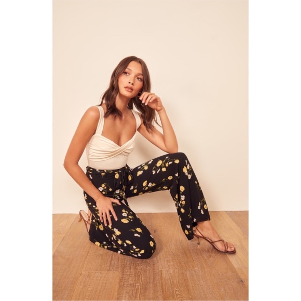 Reformation Black Wide Leg Pants with Yellow Floral Print